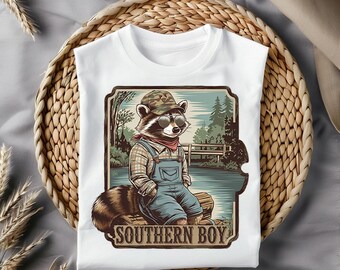 Southern Boy Raccoon PNG: Camouflage Retro T-Shirt Design (Digital Download)