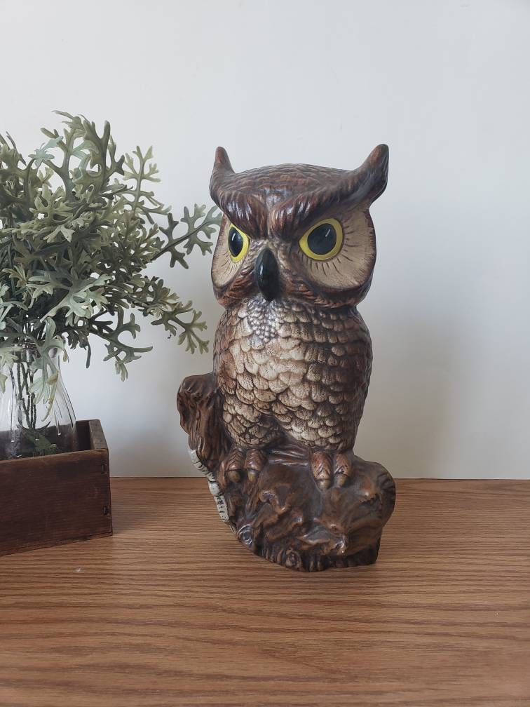 Vintage Hand Painted Ceramic Owl Figurine: 1970s Bohemian Decor