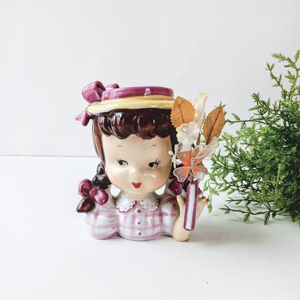 Vintage Napco Ceramic Pigtail Girl Head Vase/ Japan/ Retro Kitsch Decor/ Mid Century/ Shelf Decor/ Kids Room Nursery