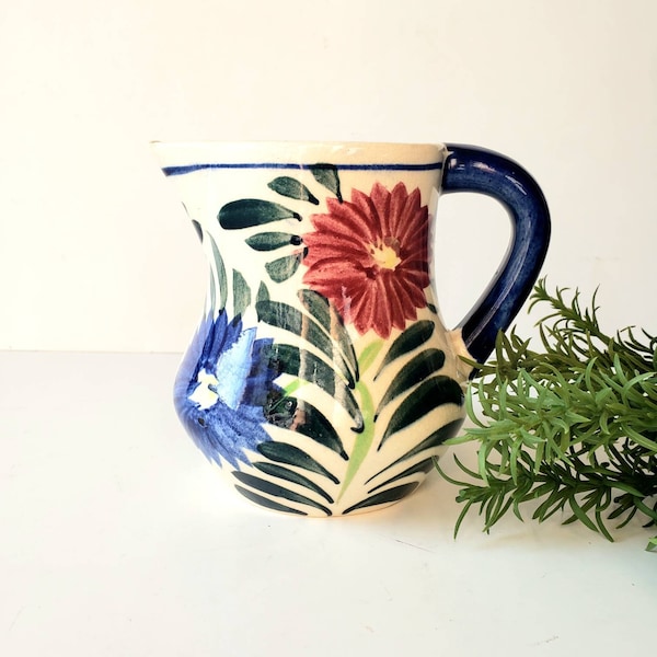 Vintage Japan Hand Painted Ceramic Cream, Syrup Pitcher/Blue Red Floral/ Blue Boho Pottery Pitcher Vase/ Italian Style/ Mid Century