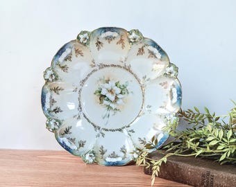 RS Prussia Serving Bowl, Victorian White Flowers, Blue & Gold, Plate Wall