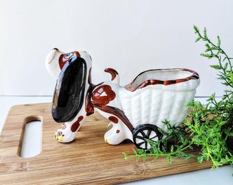 Vintage Hand-Painted Basset Hound Cart Planter, Mid-Century Ceramic Dog Lover Gift