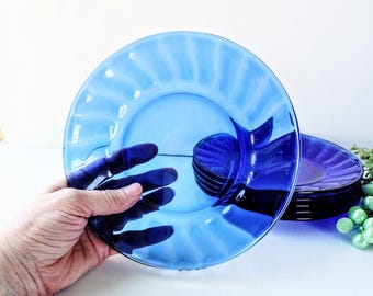 Vintage Cobalt Blue Swirl Rim Glass Plates: MCM Dessert Salad Set of 6