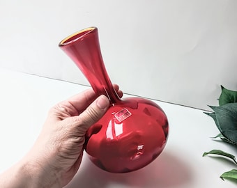 Vintage Ruby Red Viking Hand Blown Vase – Mid Century Decor