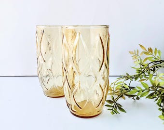 2 Retro Honey Amber Glasses/1970s  Tumblers/ Boho Farmhouse Country Cottage Granny Core