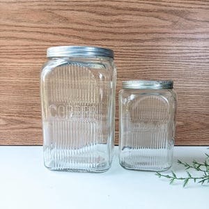Square Depression Era Glass Hoosier Kitchen Cabinet Coffee Tea Canister Jar & Lids/1920s/ Ribbed Glass Storage Jars/ Retro Kitchen Accessory
