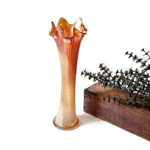 Vintage Fenton Carnival Glass Swung Vase/ Orange Marigold Iridescent Fine Rib Trumpet Vase/ Collectible Glass
