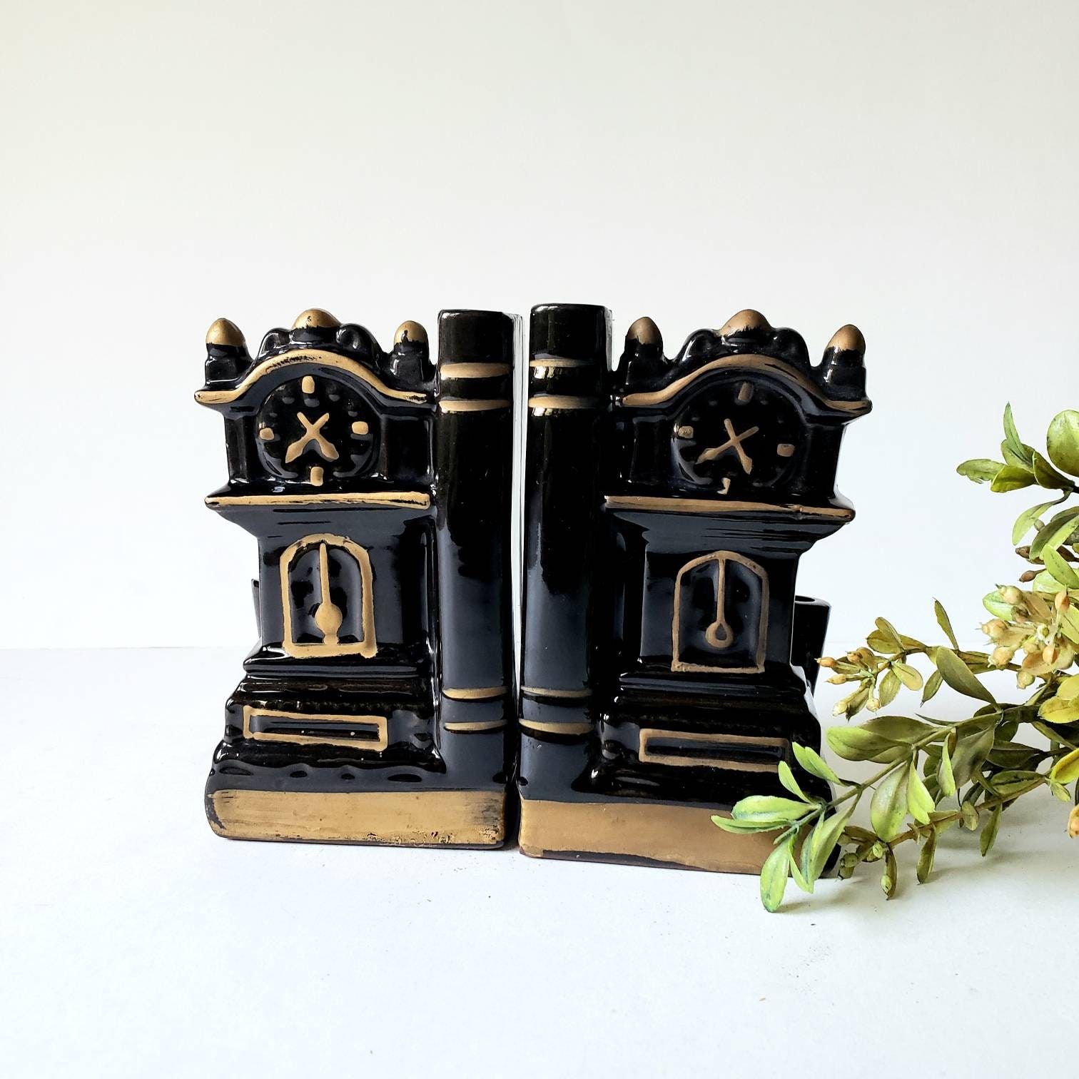 Vintage Red Clay Ceramic Grandfather Clock Bookends/ Japan
