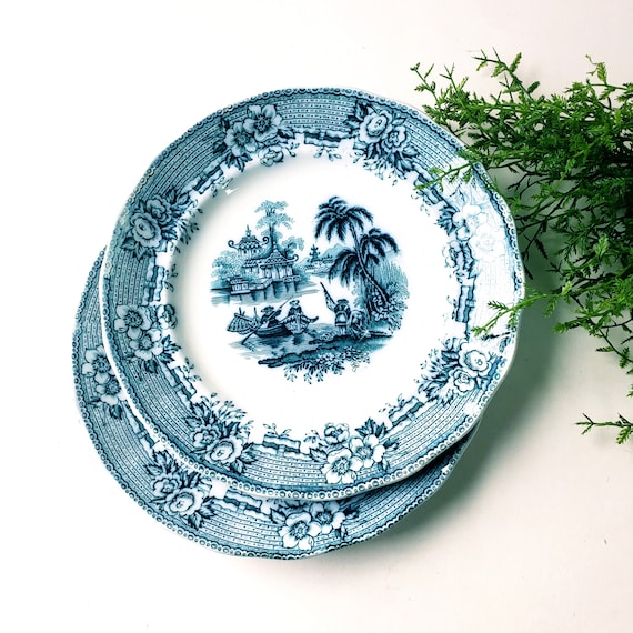Antique Burmese Dinner Plates (set of 2): Blue Oriental Cottage