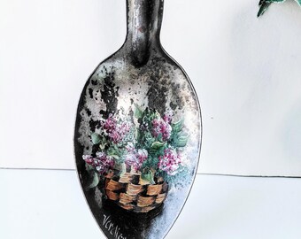 Large Vintage Serving Spoon: Rustic Primitive Hand Painted Basket of Flowers