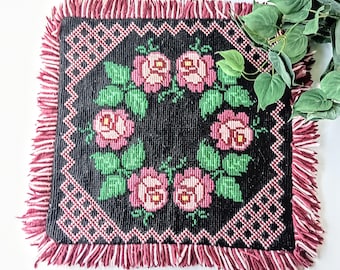 Vintage Rose Needlepoint Accent Rug, Mid Century Floral Decor, Country Cottage Core Grandma Core