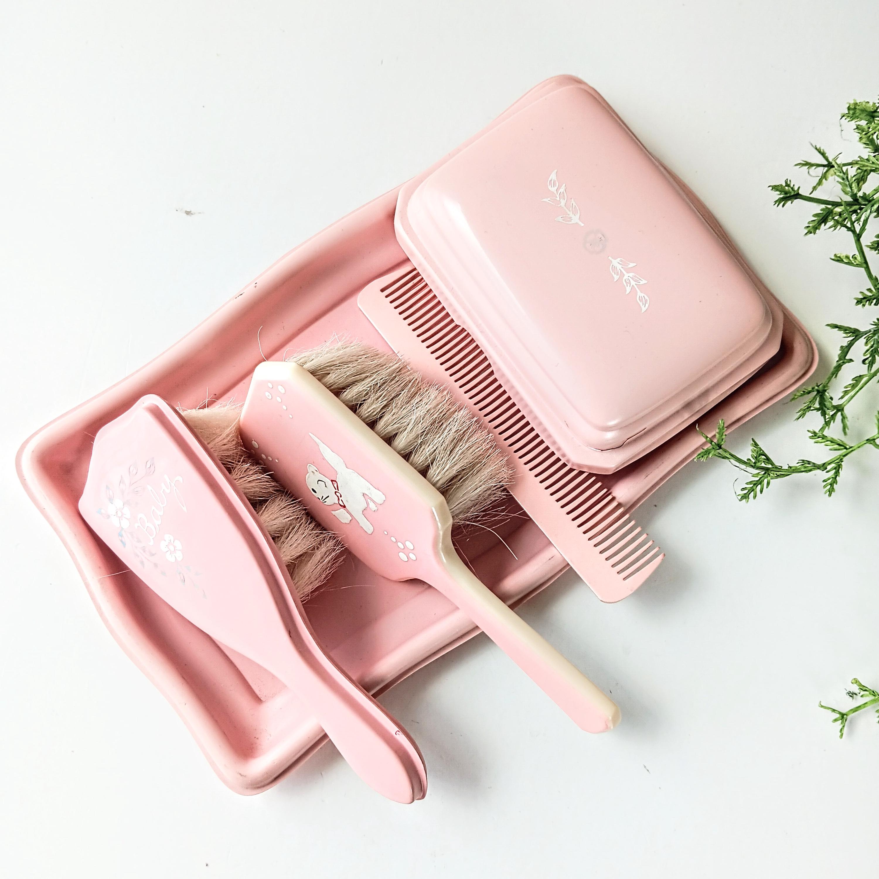 Vintage Pink Celluloid Baby Vanity Set: Brush, Comb, Soap Dish