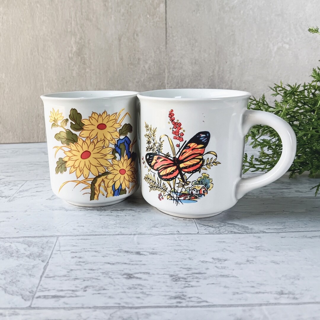 Vintage Ceramic Coffee Mugs: Butterfly & Wildflower Design, Set of 2 - Etsy