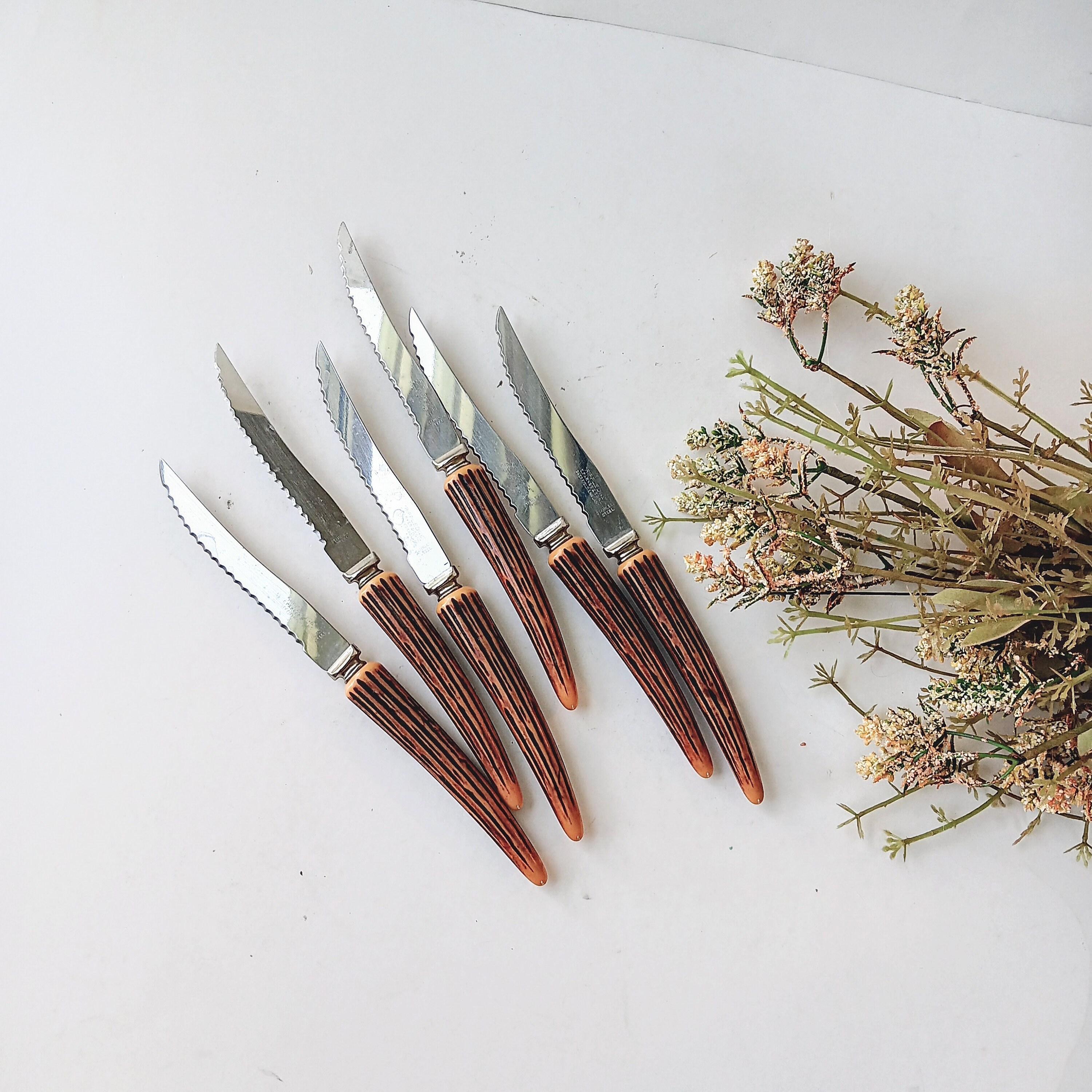 英国ヴィンテージ アントラーハンドル ステーキカトラリー6ペアセット Lancelott of Sheffield Vintage Sheffield Stainless E. Parker & Sons Carving Set & 6