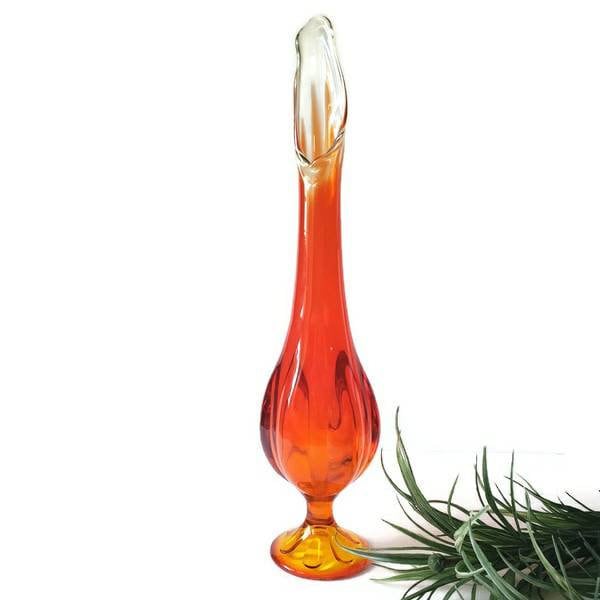 Vintage Viking 6 Petal Swung Glass Vase/ Orange Persimmon/ 1960s Mid Century Modern MCM Collectible Art Glass/