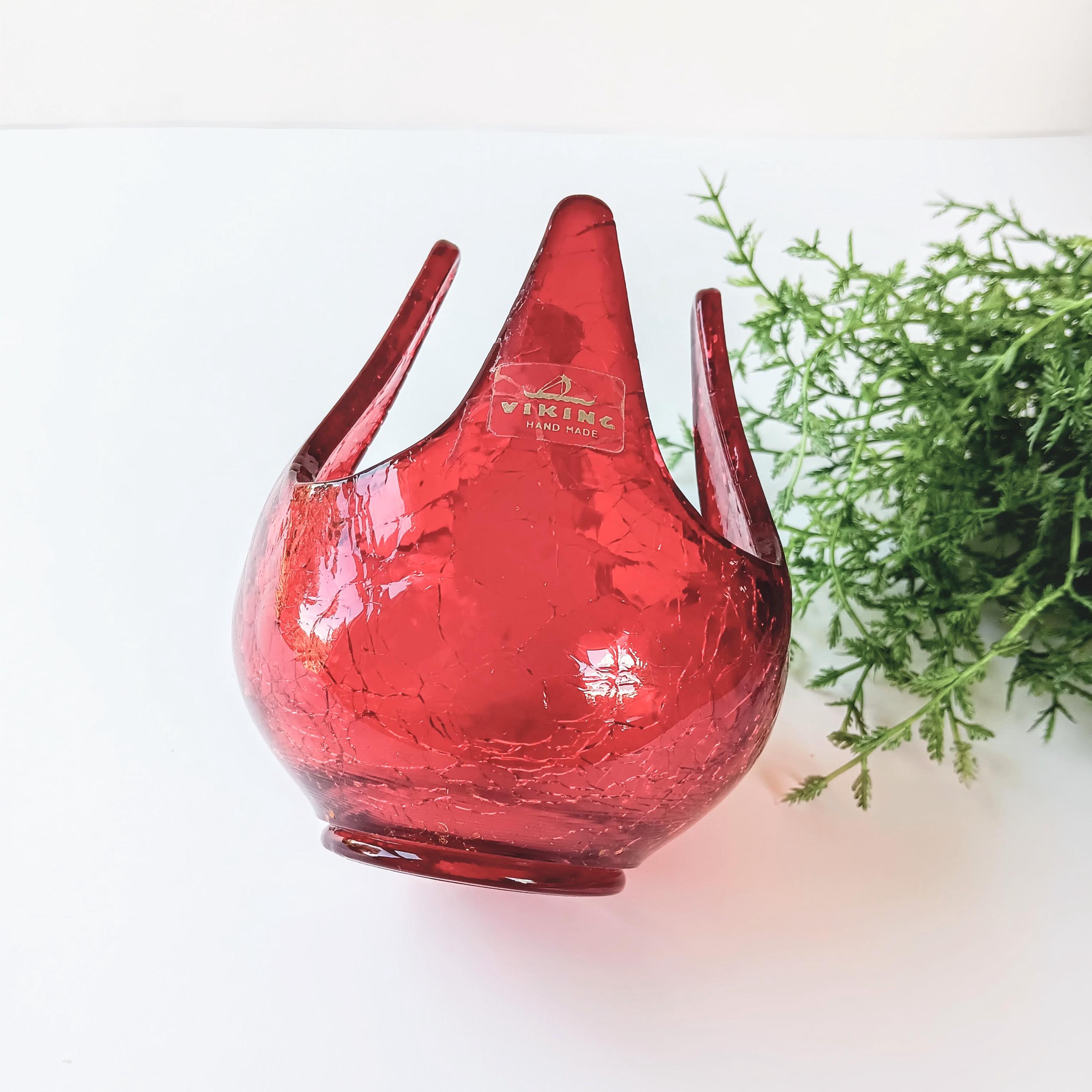 Vintage Red Viking Glass Co Crackle Glass 4 Finger Votive