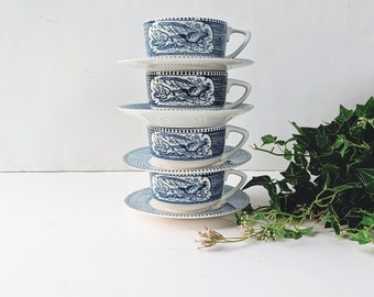 Currier & Ives Teacup Saucer Set: Royal China Americana Steamboat Carriage