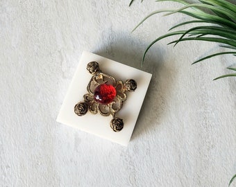 Vintage Square Marble Stone Paperweight with Brass and Ruby Red Glass Ornament/ Shelf Decor/ Stocking Stuffer/ Collectible Knick Knack