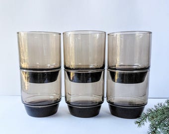 6 Vintage Tawny Smoke Brown Juice Glasses: Bohemian Country Cottage Core Tumblers/ 1970s