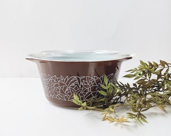 Vintage Pyrex Casserole Dish: 1970s Woodland Pattern, Brown & White, with Lid