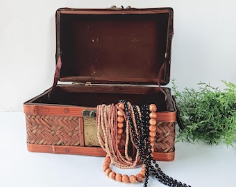 Vintage Woven Rattan Treasure Chest: Boho Rustic Storage with Brass Lock