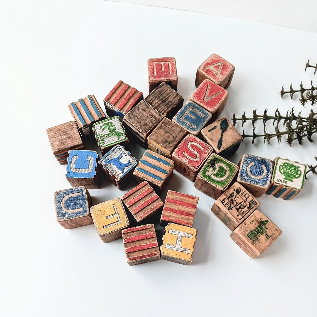 27 Vintage Wooden Alphabet Building Blocks/ Interactive Educational Pre ...