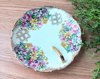 Vintage Lefton Floral Nappy Plate: Gold Trimmed Trinket Dish