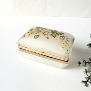 Vintage Frosted Satin Glass Hinged Trinket Box/Dresser Box/ Floral Design/ Mid Century Powder Box