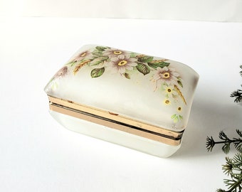 Vintage Frosted Glass Trinket Box: Floral Design, Mid Century Dresser Box