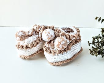 Vintage Hand-Knitted Baby Booties: White & Tan Pom Poms, 3-6 Months