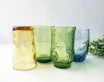 4 Mismatched Multi Color Breakfast Juice Glasses Tumblers/ Mix and Match/ Retro Glassware/ Bohemian, Eclectic Granny Core Mid Century Modern