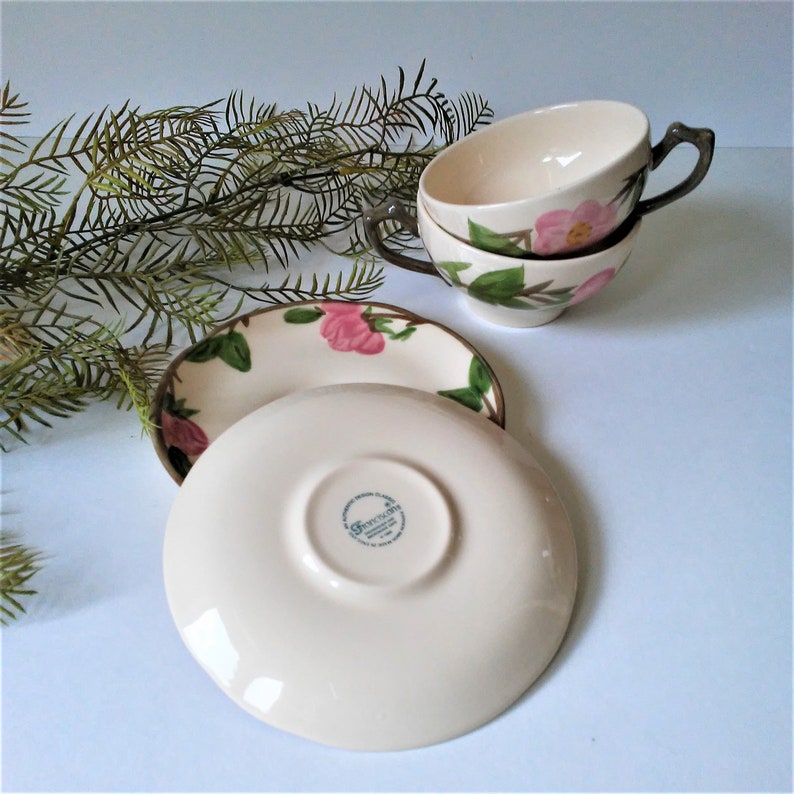 2 Fransican Desert Rose Cup and Saucer SetsJohnson Bros Vintage China 1995 Made in England Hand Painted Floral Country Cottage Kitchen