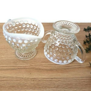 Vintage Moonstone Sugar Bowl and Creamer Set/Anchor Hocking Hobnail Opalescent Glass/ Christmas, Holiday, Wedding Table/ 1940s/ Coffee Bar