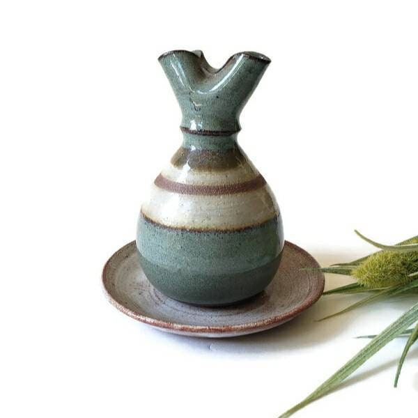 Handmade Studio Art Pottery Oil Lamp with Underplate/ Pinch Top/Boho, Southwest, Rustic Farmhouse Decor