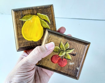 2 Vintage Handmade Wood Wall Hangings/Fruit Cherry Pear Plaques/ Kitchen Wall Decor/1980s/  Farmhouse Country Cottage Core/ Trinket Shelf