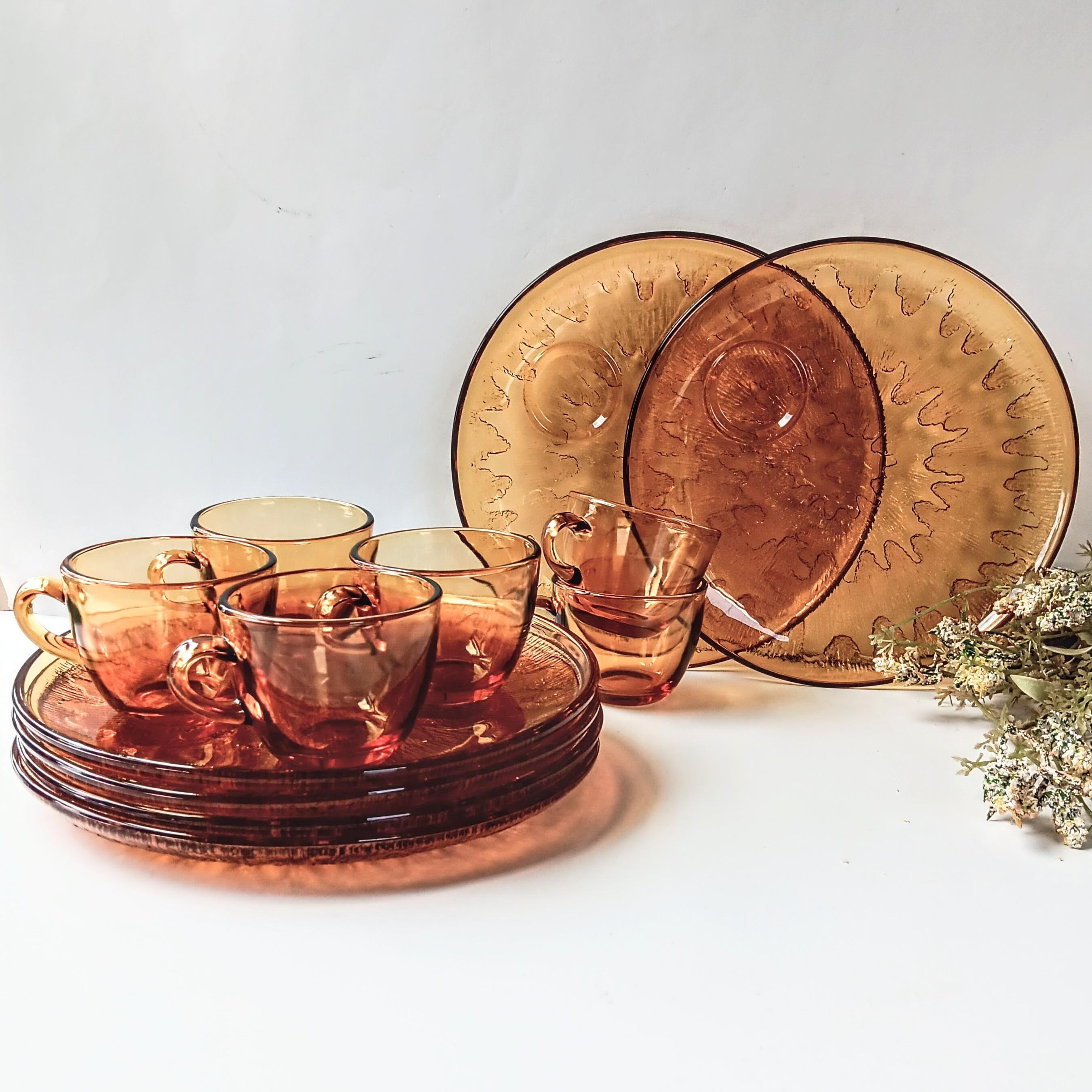 Vintage Amber Indiana Glass Snack Set: MCM Sunburst Plates & Cups