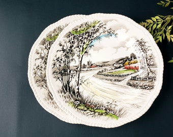 Wood & Sons Country Lane Brown Dinner Plates: Vintage Staffordshire England Set of 4, French Country Cottage Core/ Autumn Thanksgiving