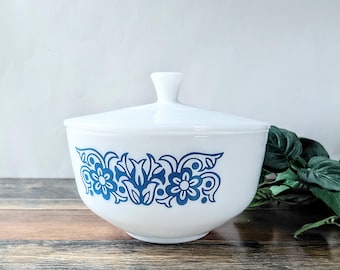 Vintage Federal Milk Glass Casserole Dish with Lid, Blue Tulip Scroll Pattern