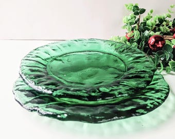 Emerald Green Recycled Art Glass Salad Plates: Boho Farmhouse Christmas Decor