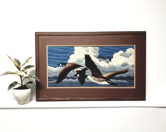 Vintage Crewel Embroidery Geese Wall Decor: Unframed Winter Flight