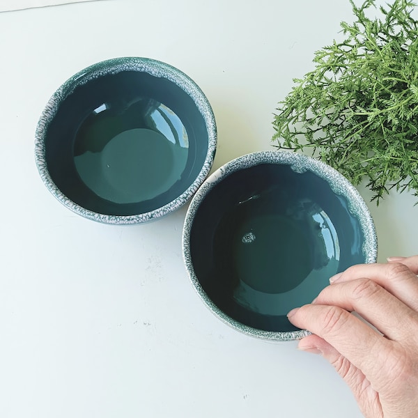 2 Vintage Turquoise Drip Glaze Pottery Dessert Cereal Soup Bowls/ Mid Century Stoneware/ 1950s/ Mix and Match