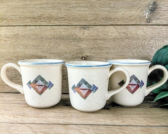 3 Horizon Coffee Mugs/Vintage Southwest Geometric Stoneware by Treasure Craft/Country Cottage Cabin, Farmhouse Kitchen/ 1980s