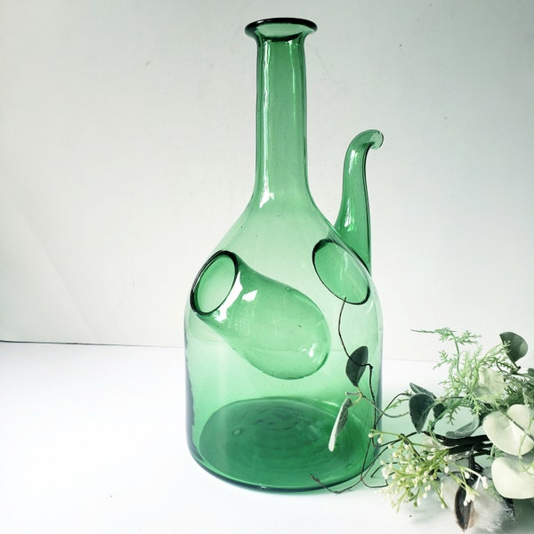 Vintage  Vetri Di Empoli Green Glass Carafe with Ice Chamber/ Hand Blown Italian Glass Bottle/Retro MCM Decor