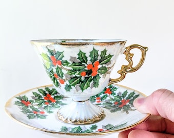 Vintage Ucagco Lusterware December Holly Tea Cup & Saucer Set/ Gold Trim/Japan/ 1950s Mid Century/ Christmas Coffee Bar/Collectible