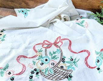 Vintage Hand Embroidered Floral Table Runner Dresser Scarf: French Country Cottasge Core Decor Grandma Core