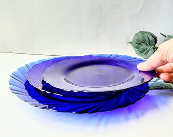 Vintage Rivage Cobalt Blue Glass Plates by Duralex:France Bormioli Rocco Swirl Salad Dinner Plate