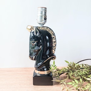 Vintage Mid Century Modern Ceramic Horse Head Unicorn Table Desk Lamp/ Black and Gold Glaze /1950s/ Trojan Horse/ Equestrian Figural
