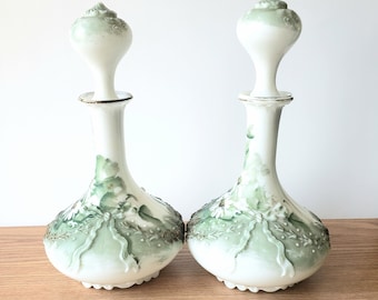 Vintage Milk Glass Decanter Set: Hand-Painted Floral Vanity Bottles, French Country Cottage