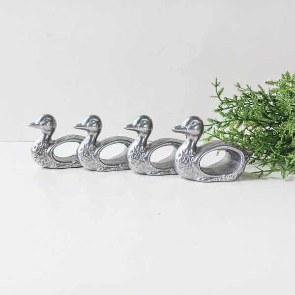 4 Pewter Duck Napkin Rings/ Silver Tone Cast Napkin Holders/ Table Decor/ Shafford/ Country Cottage, Boho, Farmhouse Kitchen Dining