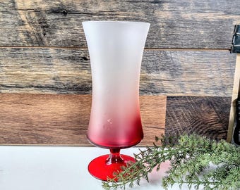 Vintage Frosted Satin Cranberry Ombre Glass Pedestal Vase/ Footed Hurricane Candle Holder/ 1960s MCM Christmas Decor